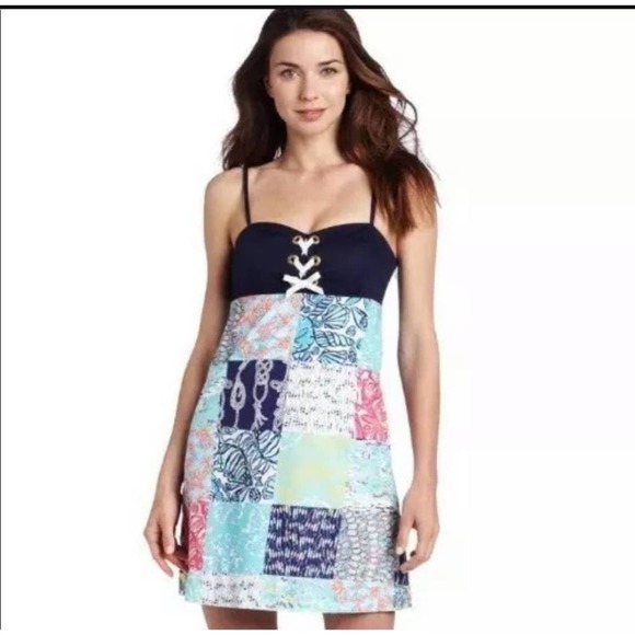 Lilly Pulitzer Dresses & Skirts - Lilly Pulitzer Size 00 Mixed Pattern Lace-Up Placket A-Line Rilee Dress Blue